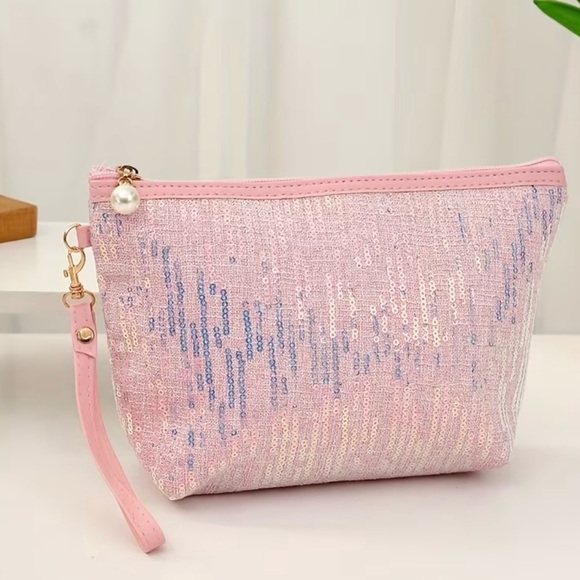 Handbags - Pink Sequins Make Up Bag Wristlet Clutch